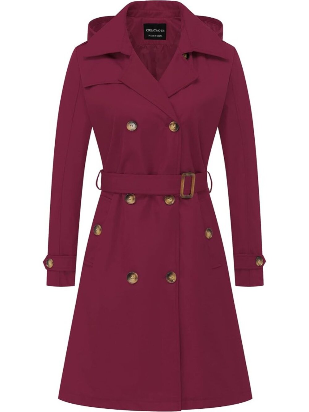 Women Wine Red Lapel Collar Cuff Sleeve Overcoat Belted Outerwear Trench Coat
